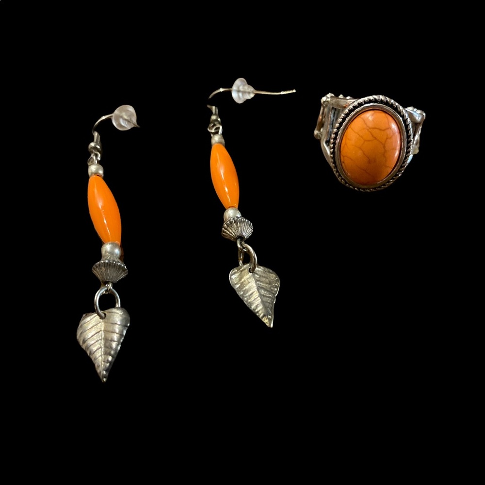 Orange and silver ring and earrings 121
